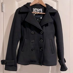 Soft, fleece lined double-breasted hooded pea coat